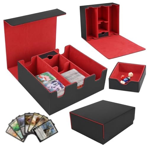 Trading Card Storage Box, 6 in 1 MTG Commander Deck Box Holds 1200+ Cards with Dice Compartment 6 Dividers, Dice Tray Card Deck Box, PU Leather Strong Magic Playing Card Case for CCG TCG (Red)