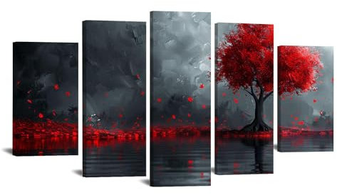 JOSUE Set 5 Quadri Con Albero Della Vita Albero Rosso Della Vita Stampe E Quadri Su Tela,Rosso Quadri Decorazioni Soggiorno Sala Da Pranzo Bar-100x200cm Incorniciato