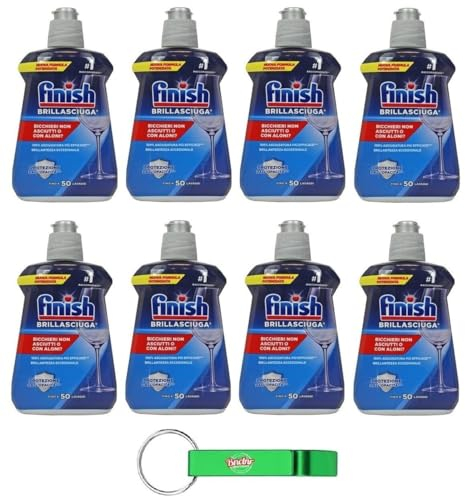 8 X Finish Brillasciuga, detersivo per lavastoviglie, previene la formazione di macchie d'acqua e striature, asciugatura efficace, 50 lavaggi, 250 ml + portachiavi Beni Culinari gratuito
