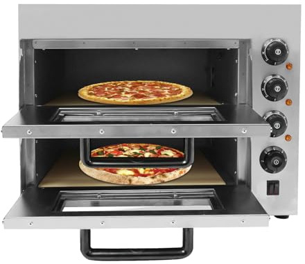 Horno para pizza, 3 kW, profesional, doble cámara, horno para pizza, con temporizador 0-60 min, 50-350 °C, horno de acero inoxidable para pizza con 2 placas de cordierita superior, centro y calor