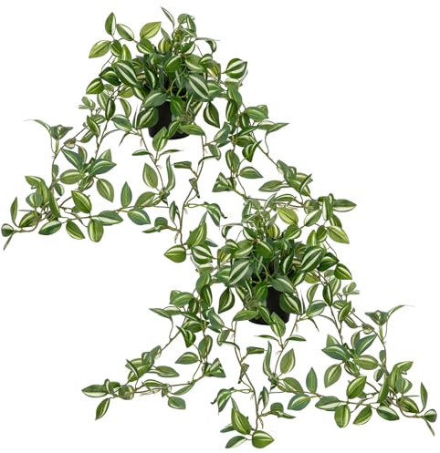 Oairse Set of 2 Artificial Plants in Pots Fake Trailing Plants String of Plants Decorative Fake Potted Plants Faux Tradescantia Zebrina Plant for Indoor Home Office Bathroom Kitchen Shelf Decor