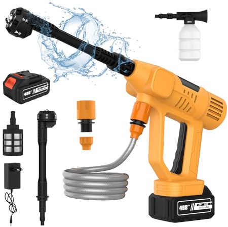 Idropulitrice a Batteria, 65 Bar Idropulitrice Portatile con 1 Batteria, LED Display, 6 in 1 Ugello, 10 Livelli di Pressione, 5M Tubo, Idropulitrice Senza Fili ad Alta Pressione per Auto, Giardino