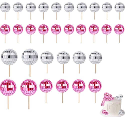 32 PCS Mini Disco Balls Cake Toppers, Disco Cake Decorations for 70s Theme Birthday Party (Pink)