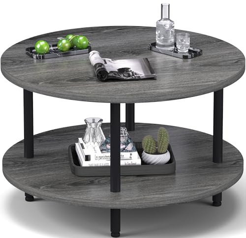 FAMIDGE Couchtisch, 2-stöckige Couchtische für Wohnzimmer, runder Couchtisch mit Stauraum, Bodentisch für Schlafzimmer, Heimbüro, Grau (60 cm D x 46 cm H)
