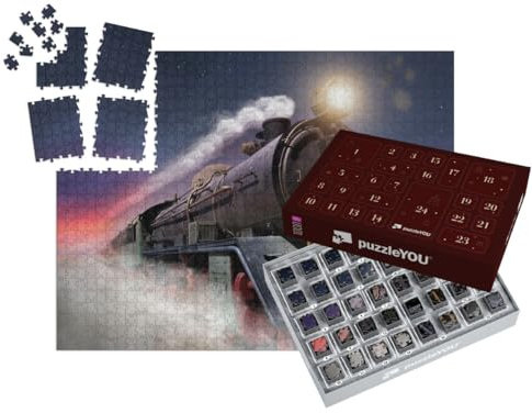 puzzleYOU: Puzzle-Adventskalender | „Dampflokomotive fährt nachts mit hoher Geschwindigkeit, Rauch, Sterne“ – aus der Puzzle-Kollektion Lokomotive