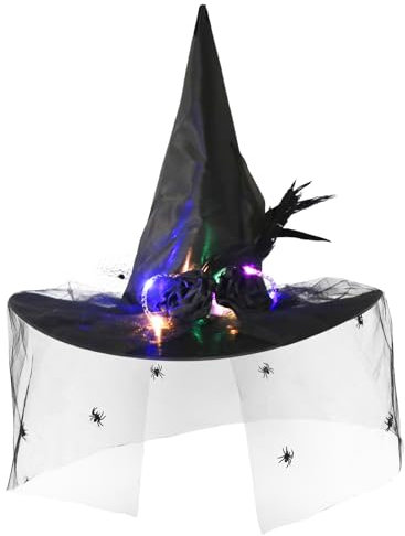 Meleager Cappello Strega Luminose, Witch Hat Donna con Velo Nero, Piuma e Rosa, Berretto da Strega a Punta Nere, Accessori per Costume Strega Adulti per Carnevale, Halloween