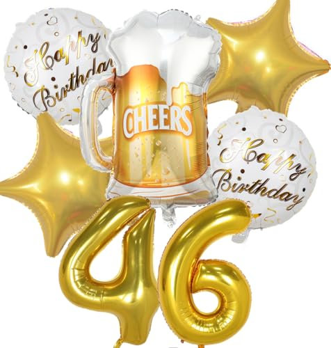 Feelairy Luftballon 46. Geburtstag Gold, 7 Ballons, 2 x 32 Zahl, 1 x Bierflasche, 2 x Stern, 2 x Glitzer Rund, Unisex-Erwachsene, 1 Stück, Geburtstag, Erwachsene