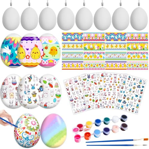 50Pcs Easter Egg Decorating Kit, Easter Egg DIY Kit with 16Pcs Plastic White Hanging Eggs, 16Pcs Heat Shrink Film, Easter Stickers, Brushes and Paints, for Easter Party Favor, Egg Hunt, Easter Gift