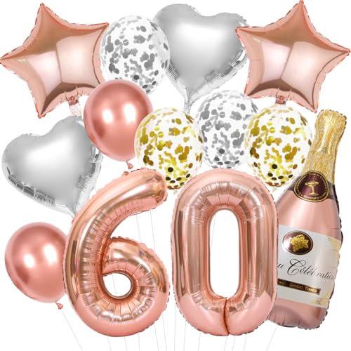 Deko 60. Geburtstag Frauen Roségold, 60. Geburtstag Deko Set, Rosegold Zahlen Luftballon 60 XXL, Helium Folienballon Konfetti Luftballon für Frau 60 Jahre Party Deko