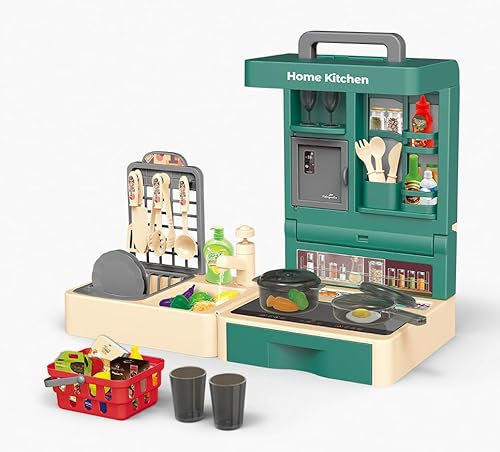 Juego de Cocina Juguete Plegable de rol con 45pcs Realista Comida Frutas Verduras Sartenes Utensilios de Cocina Cesta Fregadero etc Juguete Educativo Portátil Interior Exterior para Niños 3+