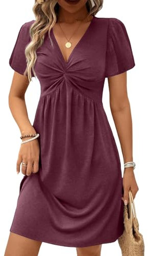 Mes Commandes, Fleurie Robe Longue Femme Chic Et Elegant D'été Robes Femme Coton Manches Courtes Chemise Vetement Col en V Fluide Plage Summer Dresses for Women Violet foncé L