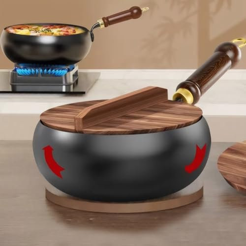 Generico Padella in Ferro, pentola forgiata a Mano, Padella Antiaderente con Lavorazione del Ferro di Lunga Durata, 24 cm, Versatile per fornelli a Gas e a induzione (con Coperchio)
