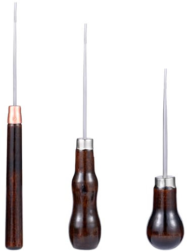 Bewudy 3 Pack Scratch Awl Tool Set with Wooden Handle Gourd Shape Pin Punching for Leather Punch Hole Craft Repair Shoes Sewing Crochet DIY Handmade Stitch