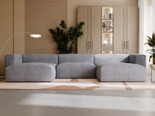 GRAINGOLD Landi Ecksofa mit Schlaffunktion & Bettkasten 340x180 cm, U-Form Sofa mit Stauraum, Schlafcouch für Wohnzimmer, Cord Stoff, 5-Sitzer Wohnlandschaft, Modernes Design (Grau)