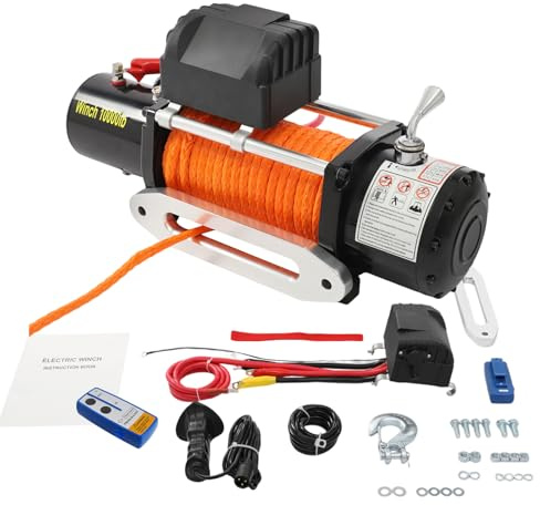 Elektrische Seilwinde 12V mit Fernbedienung, Elektrischer Winde mit Sperrfunktion, Elektrischer Winde für ATV, UTV, SUV, Pickup und Geländefahrzeuge (10000LB, Rot)