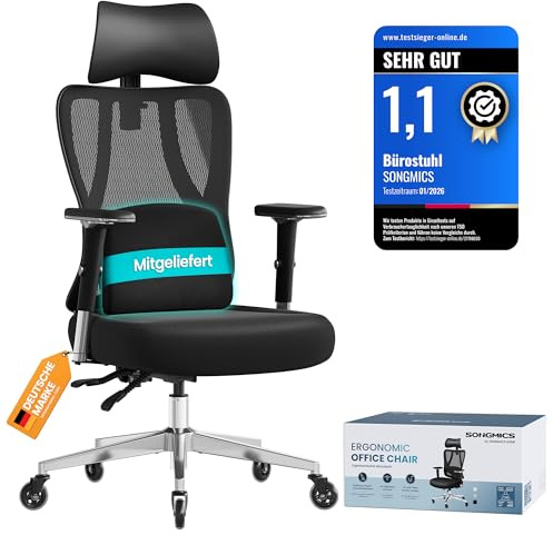SONGMICS Bürostuhl ergonomisch, Schreibtischstuhl, Gaming-Stuhl, verstellbare Lenden-, Kopfstütze, Armlehnen, für Verschiedene Körpergröße, bis zu 150 kg belastbar, tintenschwarz OBN067BH01