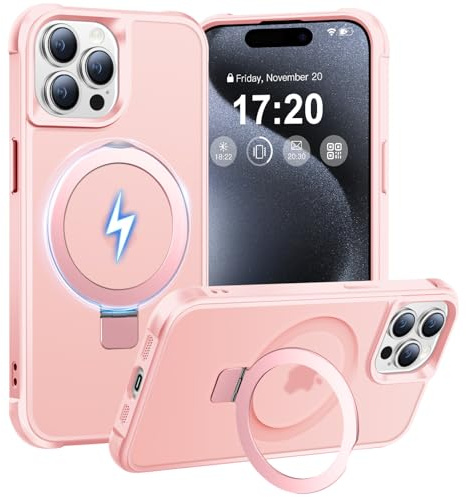 BENTIACC Coque pour iPhone 15 Pro Max Magnétique Support 120°, Rose | N52 2800G, choc militaire, anti-rayures, anti-empreintes, antidérapant, résistant à la poussière – mains libres