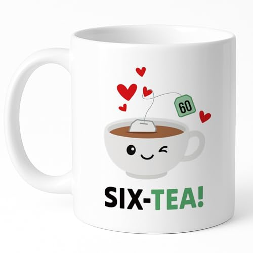 Custom Moments SIX-Tea Mug 60th Birthday Gifts for Women, Her, Friend, Mum, Wife, Funny Cute Tea Lover Cup, Smiley Heart Design, Ceramic Coffee Mug