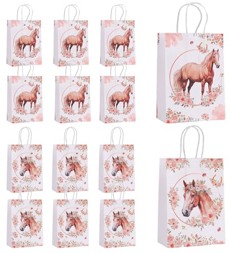 12 Stück Pferde Party Taschen, Geburtstag Geschenktaschen,Pferde Papiertüten mit Henkel, für Party Geburtstag Hochzeit, Taschen, Tüten Kindergeburtstag