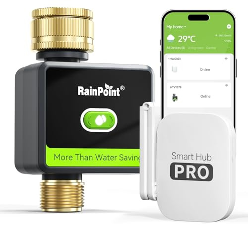 RAINPOINT Centralina Irrigazione WiFi, Timer Irrigazione Smart con Entrata e Uscita in Ottone e Gateway 100m, Sistema di Irrigazione Automatico per Giardino e Prato, Nero