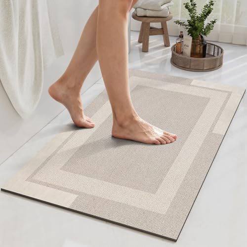 Quqei Bath Mat Non Slip,Thin Bathroom Rug Fit Under Door 50x80cm Beige