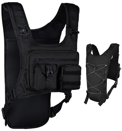 Outplea Taktische Laufweste Herren, Militär Brusttasche Chest Rig mit Verstellbare Brustgurte, Reflektierender Trinkrucksack für Joggen Marathon Jagd Radfahren Angeln, Schwarz