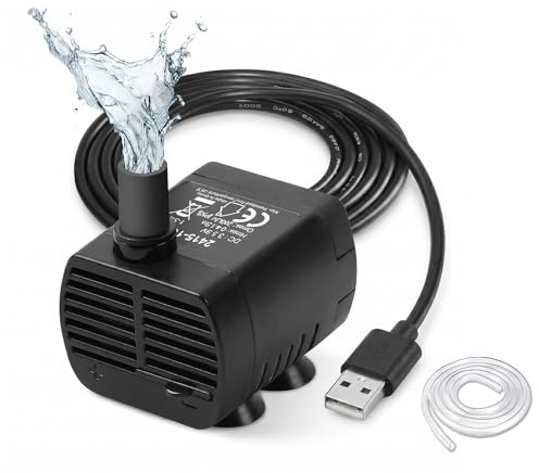 Pompe Fontaine à Eau Chat, Mini Pompe à Eau Submersible USB 3W 200L/H Silencieuse, Sans Adaptateur, avec Tuyau 80 cm, Câble 1,5 m, Débit Réglable, pour Fontaine Chat, Aquarium et Petite Décoration