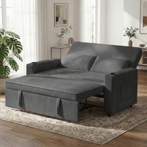 JUMMICO Schlafsofa 2 Sitzer klein Sofa mit Schlaffunktion,69T x 141B cm | Schlafsofa mit bettkasten Schlafcouch mit Kissen Cord-Bezug Für Wohnzimmer Schlafzimmer,Gray