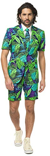 OppoSuits Herren Men Suit Business-Anzug Hosen-Set Inklusive Shorts, Kurzarmjacke & Krawatte, Juicy Jungle, 46 EU
