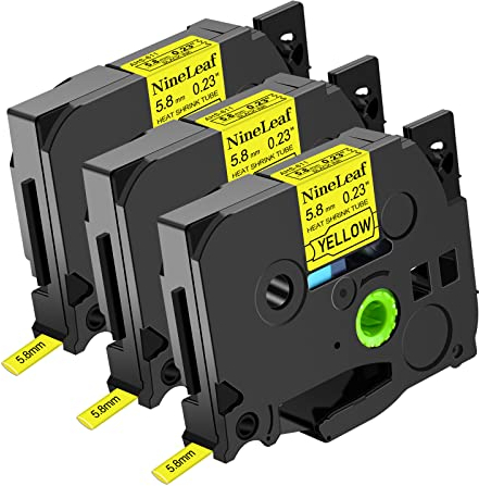 NineLeaf 3 x Compatible for Brother Heat Shrink Tube Label Tape 5.8mm HSe-611 HSe611 HS611 HS-611 HSE Black on Yellow for P-Touch PT-E300 E500 E550W E800W P900 H500 P950NW 7600 Label Maker