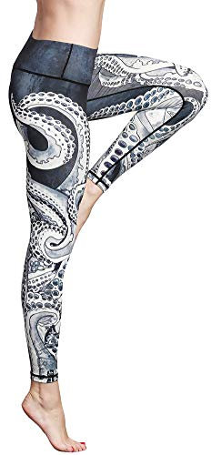 FLYILY Damen Yoga Leggins Frauen High Waist Prägedruck Slim Fit Fitnesshose Lange Sportleggins Stretchhose(6-Octopus,L)