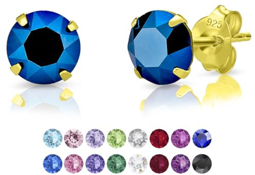 DTPsilver - Boucles d'oreilles/Clous en Argent Fin 925 Plaqué Or Jaune et Cristaux de Swarovski® Elements Ronds - Diamètre: 6 mm - Couleur: Bleu Métallique