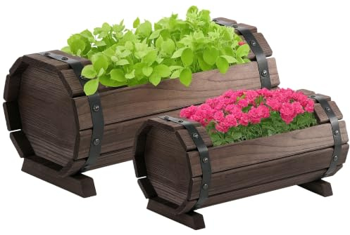Outsunny 2PCs 56L Wooden Planter Box with Solid Wood Carbonized Colour | Flower Plant Pot, Outdoor Flower Beds, Plant Box, Garden