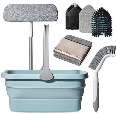 Don Aslett's Ultimate Cleaning Set | Includes 3 Cleaning Cloths, 15 Machine Washable Microfiber Mop Pad, Hard Bristle Brush, Scrubbing Pad, Grout Brush, and Collapsible Bucket for Bathroom or Kitchen