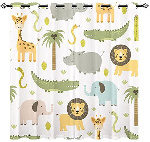 Yuanzu Safari-Tiervorhänge, Kinder, Nilpferd, Krokodil, Löwe, Elefant, Giraffe, Wald, Zoo, Familienmuster, Ösen, Verdunkelung, Raumverdunkelung, Fenstervorhänge für Jungen und Mädchen, Schlafzimmer, 2