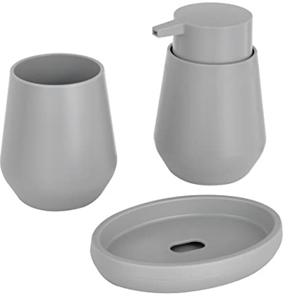 Baroni Home Ensemble de Salle de Bain 3 Pièces en Style Moderne, 3 Accessoires Bain en Plastique, Set composé de Un Porte-Savon, Distributeur Savon et Verre, Gris