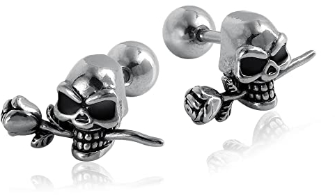 Ohrring Stecker, Ohrstecker Damen Totenkopf Herren Medizinische Edelstahl Kpop Punk Klappcreolen Cartilage Ohr Piercing 15X8.5mm