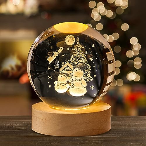 Weihnachtsdeko Kristall Weihnachtskugeln Mit LED Kristallkugel Mit Holz Deko Figuren, Schneemann Beleuchtet Personalisiertes Geschenk Für Weihnachten Deko, Frauen, Kinder, Geburtstag (Schneemann,8cm)