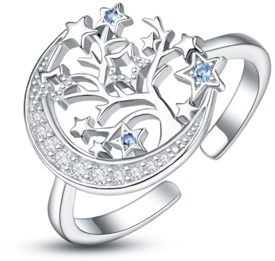 KINGWHYTE Bague arbre de vie pour femme - En argent sterling 925 - Avec lune et étoile - Réglable - Cadeau pour femme et fille