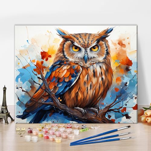 TISHIRON Eule auf einem Baum - Malen nach Zahlen für Erwachsene Anfänger DIY bunte abstrakte Malerei nach Zahlen Kits für Kinder Malerei Aquarellfarbe Farbe Kits Leinwand Kunsthandwerk für Home16 x20