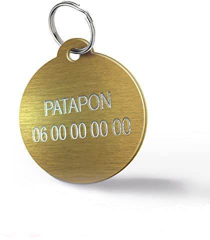 Hundemarke & Katzenmarke graviert personalisiert – Aluminium-Anhänger mit Gravur – Beidseitig gravierbar 2 Zeilen mit Name & Telefonnummer (Kleine Runde-27 mm, Gold)