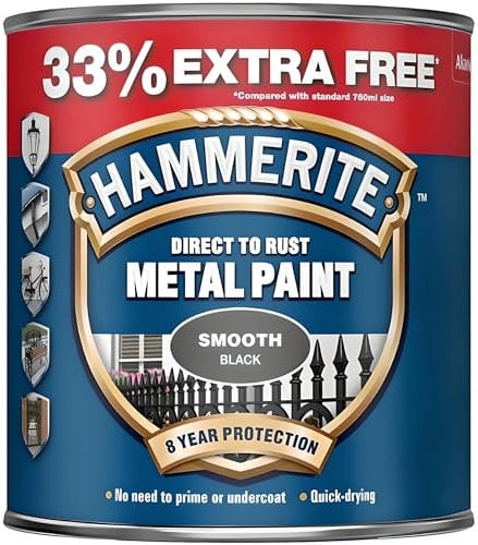 AMK® Hammerite Metal Paint Smooth Black 1L Value Size Direct To Rust 3 in 1 Gloss Finish Exterior Long Lasting 8 Year Protection Weather Resistant for Gates Railings Furniture