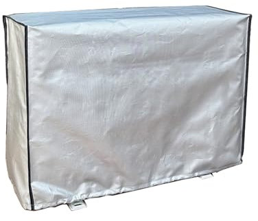 Schutzhülle for das Außengerät der Klimaanlage. Sonnenschutz und staubdicht. Silberner Sonnenschutzstoff. Die Seite der äußeren Geräteabdeckung ist mit Seilschnallen befestigt. (CH : 82x58x31cm)