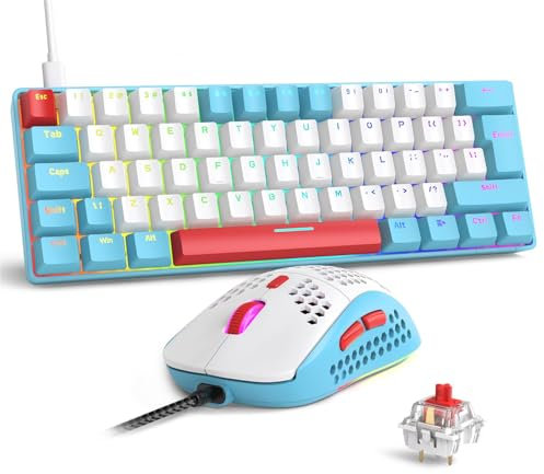 RK-T60 Ensemble clavier et souris de jeu mécanique filaire portable avec rétro-éclairage arc-en-ciel 62 touches NKRO 6400 DPI RVB Honeycomb Souris Câble aviateur spiralé pour PS4/PC/WIN Gamer