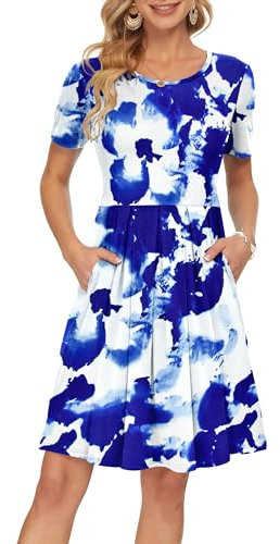 AUSELILY Womens Summer Dress Casual Bodycon Short Sleeve Pleated Loose Swing Casual Dress with Pockets Knee Length Blue White Flowers XL