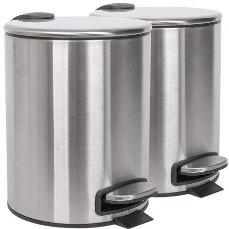 Harbour Housewares 5L Bathroom Bins - Brushed - Pack of 2 - Round Stainless Steel Pedal Bin Slim Kitchen Rubbish Trash Can Garbage Dustbin with Lid and Inner Liner Bucket