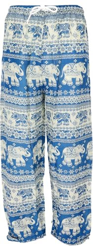 GURU SHOP Leichte Yoga Hose, Tai Chi Hose, Sommerhose mit Elefantendruck - Türkisblau, Herren, Synthetisch, Size:XL