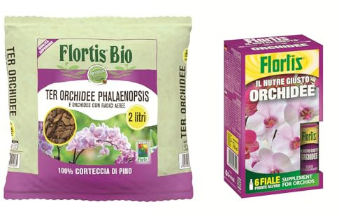 Flortis Kit Benessere Orchidee. Concime liquido orchidee in fiale pronto uso e terriccio per orchidee. Fertilizzante orchidee e terra. Fioritura super e prolungata di orchidea con radici aeree.