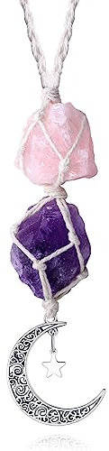 Sahoottie Amethyst Rose Quartz Crystal Healing Crystal Hanging Ornament Car Hanging Accessories Moon Star Raw Crystal Pendant Reiki Boho Decorative Window Wall Hanging