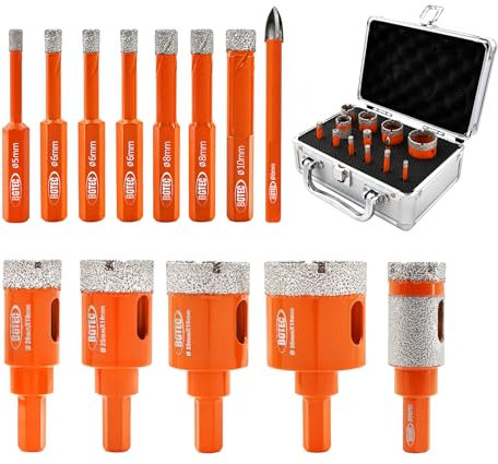 BGTEC Diamond Hole Saw Kit Marsonry Drill Bits, 13pcs 5/6/6/6/8/8/10/20/25/28/35mm with Hex Shank+6mm Carbide Drill+20mm Milling Finger Bit for Granite Marble Porcelain Tile Ceramic